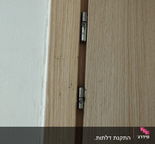 צירי דלת מתכתיים על דלת עץ בהירה